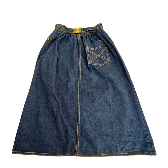 80's Sasson Women's Denim Skirt Pockets Gold Buckle Midi Elastic Waist Size 4 - Picture 2 of 8